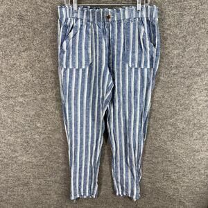 So Pants Women XL Blue Striped Linen High Rise Flat Front Chino Pockets Linen